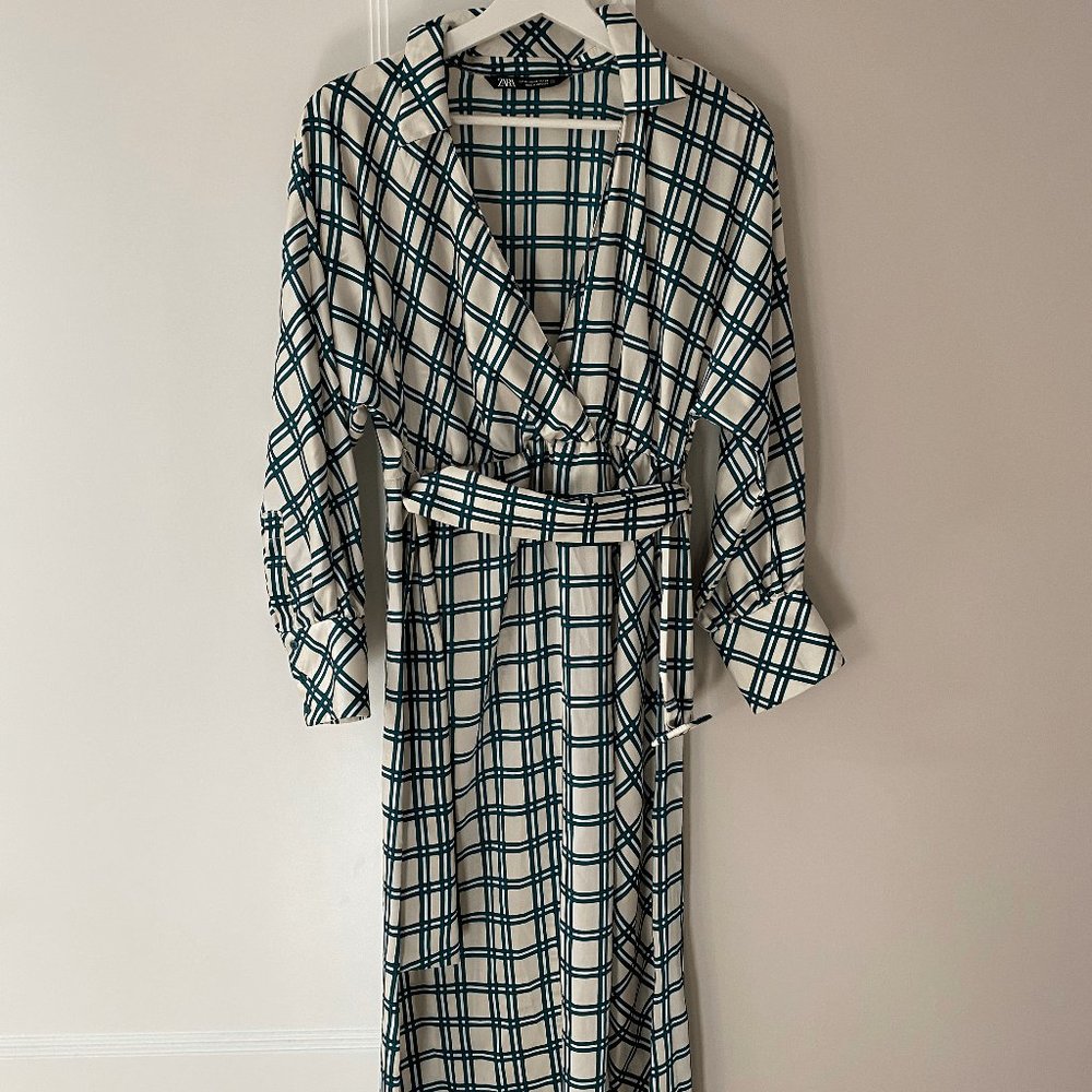 Zara Green and White Windowpane Silk Midi Dress XS